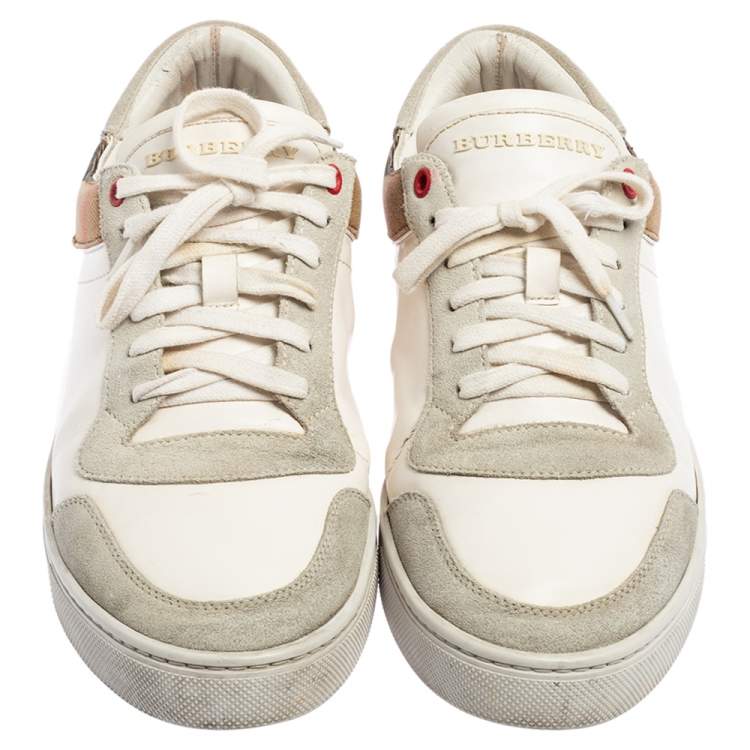Pre Owned Burberry White/Beige House Check Canvas and Leather Low Top Sneakers Size 41.5