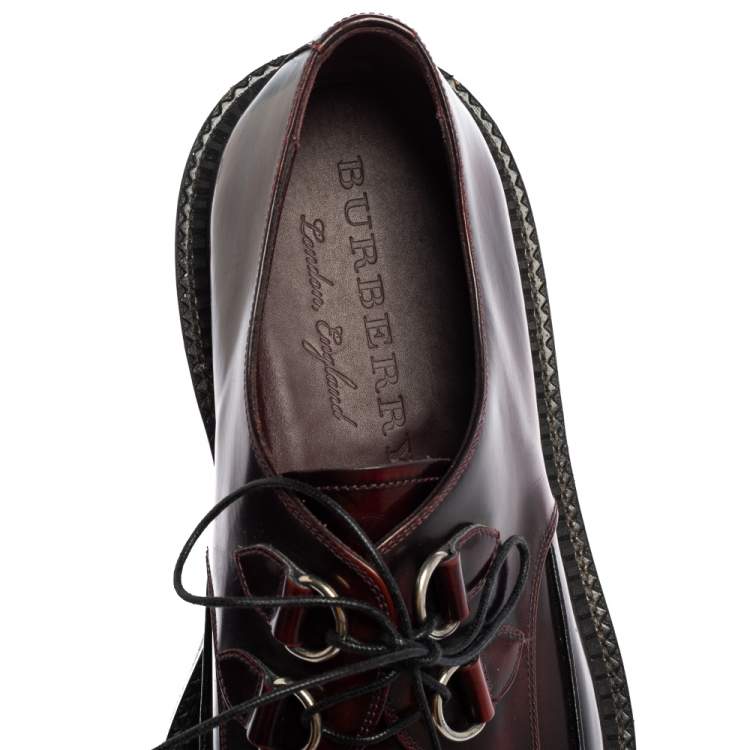 Pre Owned Burberry Burgundy Leather Woven Toe Detail Lace Up Platform Creepers Size 45