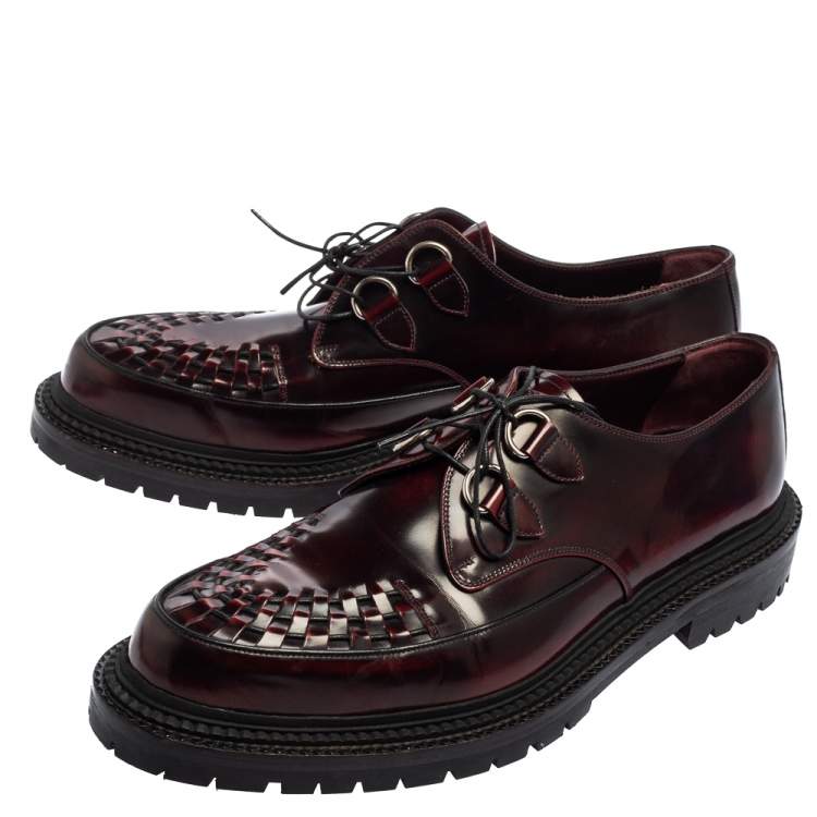 Pre Owned Burberry Burgundy Leather Woven Toe Detail Lace Up Platform Creepers Size 45