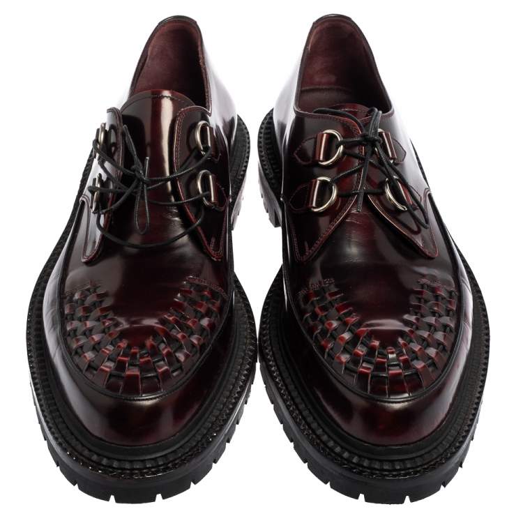 Pre Owned Burberry Burgundy Leather Woven Toe Detail Lace Up Platform Creepers Size 45