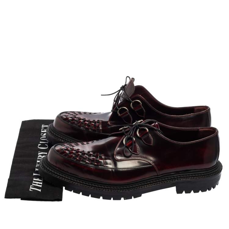 Pre Owned Burberry Burgundy Leather Woven Toe Detail Lace Up Platform Creepers Size 45