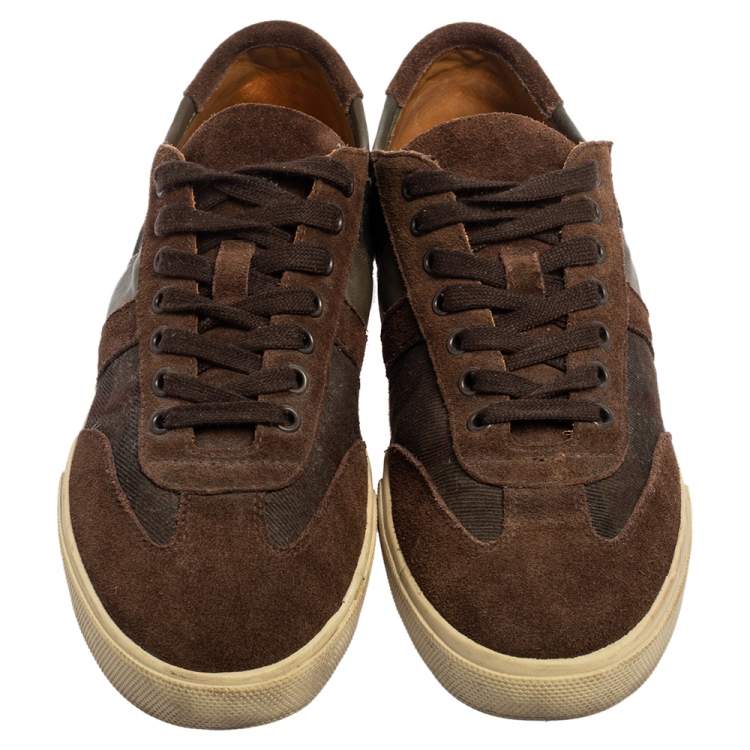 Pre Owned Burberry Brown Check Canvas and Suede Low Top Sneakers Size 43