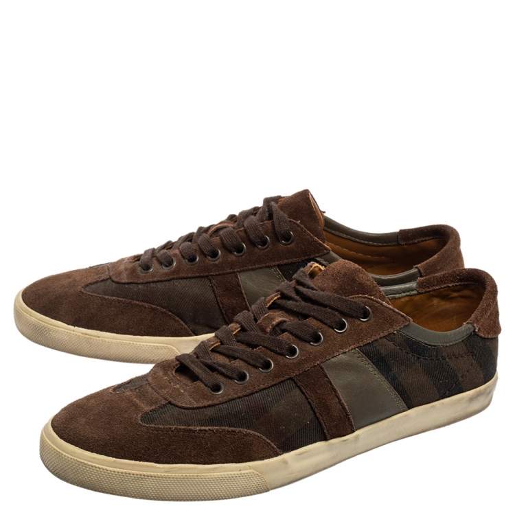 Pre Owned Burberry Brown Check Canvas and Suede Low Top Sneakers Size 43