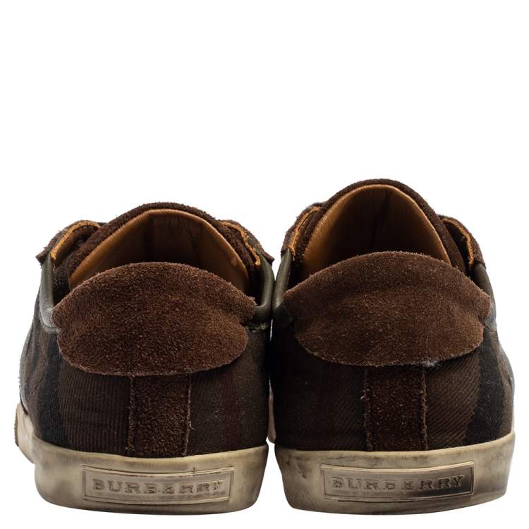 Pre Owned Burberry Brown Check Canvas and Suede Low Top Sneakers Size 43