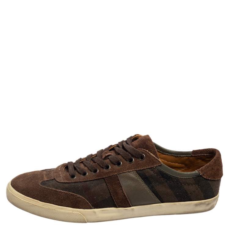 Pre Owned Burberry Brown Check Canvas and Suede Low Top Sneakers Size 43