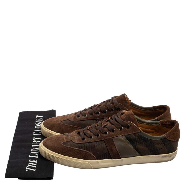 Pre Owned Burberry Brown Check Canvas and Suede Low Top Sneakers Size 43