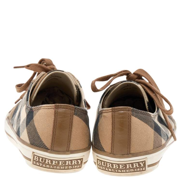 Pre Owned Burberry Beige/White House Check Canvas And Leather Lace Up Low Top Sneakers Size 41