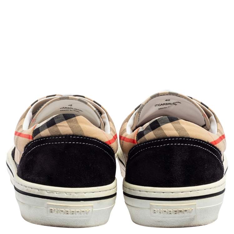 Pre Owned Burberry Beige/Black House Check Fabric and Suede Low-Top Sneakers Size 40
