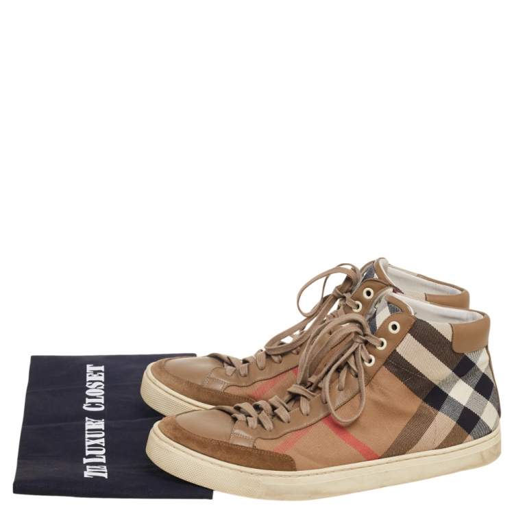 Pre Owned Burberry Brown Leather And Check Canvas High Top Sneakers Size 43