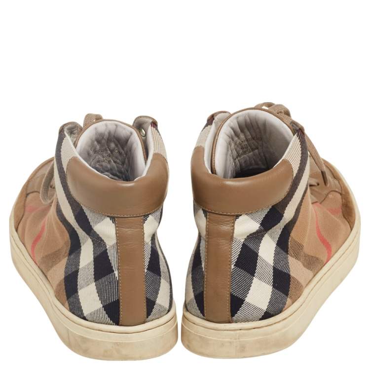 Pre Owned Burberry Brown Leather And Check Canvas High Top Sneakers Size 43