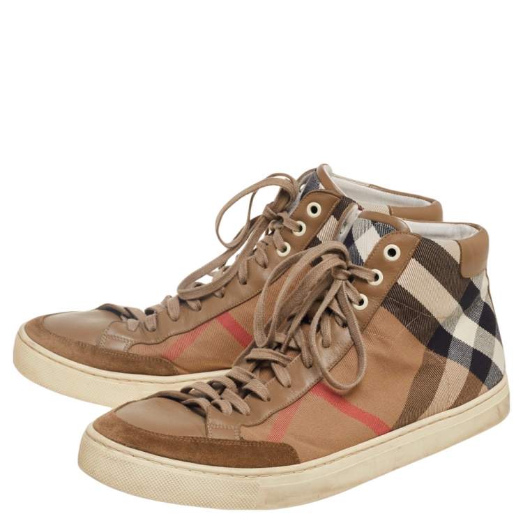 Pre Owned Burberry Brown Leather And Check Canvas High Top Sneakers Size 43