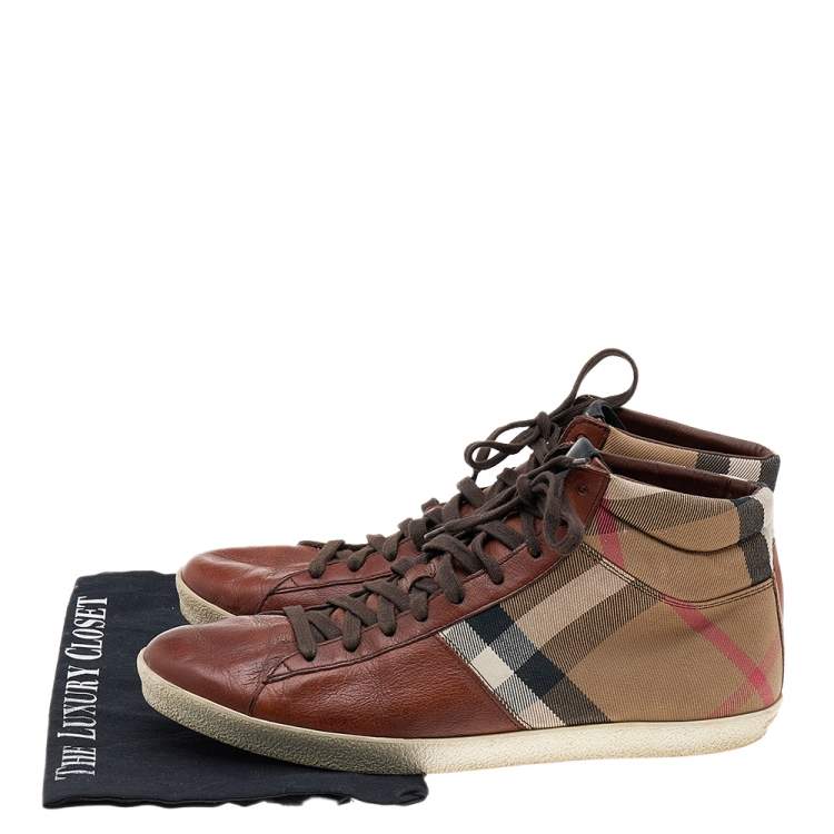 مملوكة مسبقًا Burberry Brown Leather And Check Canvas High Top Sneakers Size 44