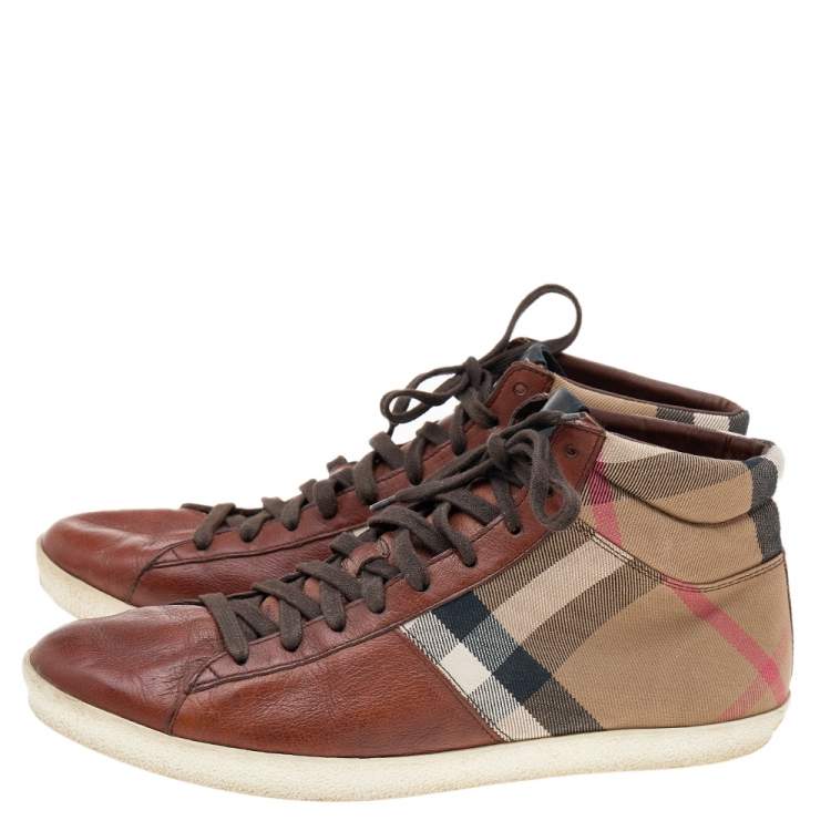 مملوكة مسبقًا Burberry Brown Leather And Check Canvas High Top Sneakers Size 44