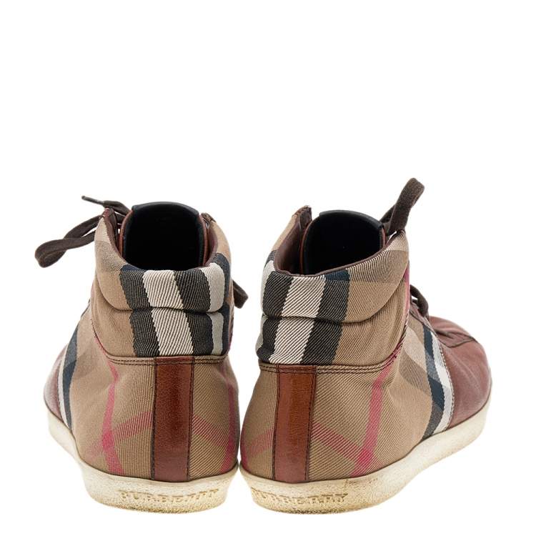 مملوكة مسبقًا Burberry Brown Leather And Check Canvas High Top Sneakers Size 44