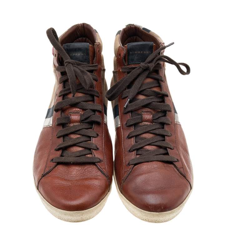 مملوكة مسبقًا Burberry Brown Leather And Check Canvas High Top Sneakers Size 44