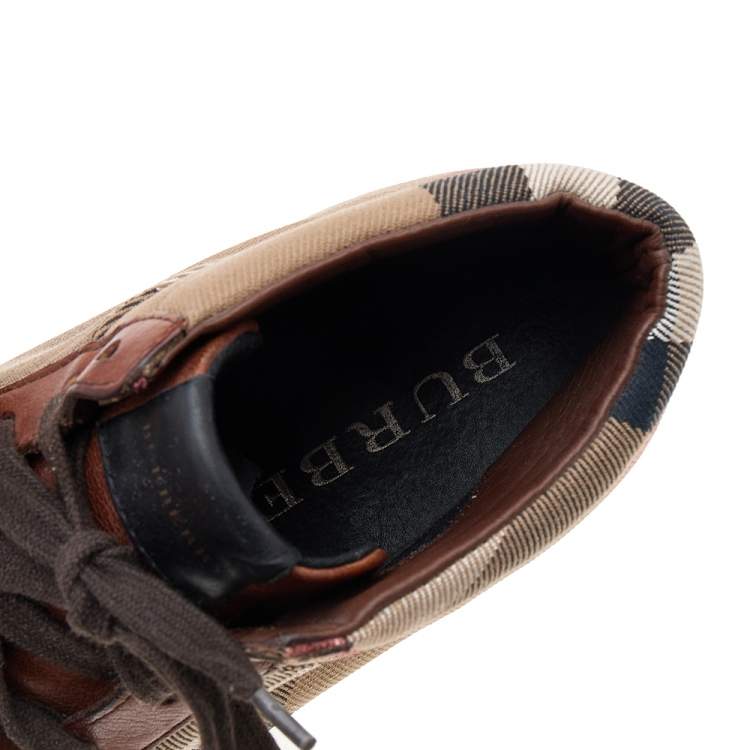 مملوكة مسبقًا Burberry Brown Leather And Check Canvas High Top Sneakers Size 44