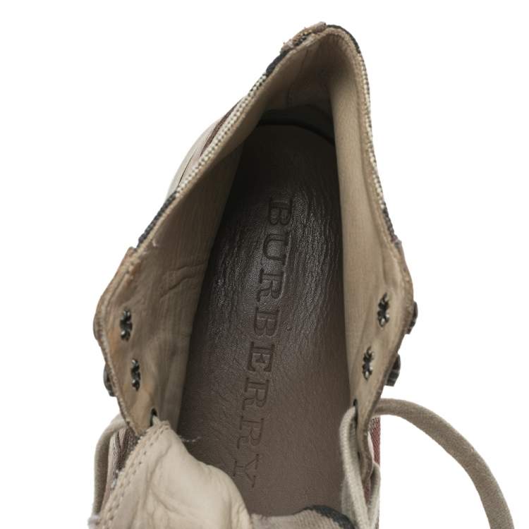 Pre Owned Burberry Beige Leather And Check Canvas High Top Sneakers Size 44