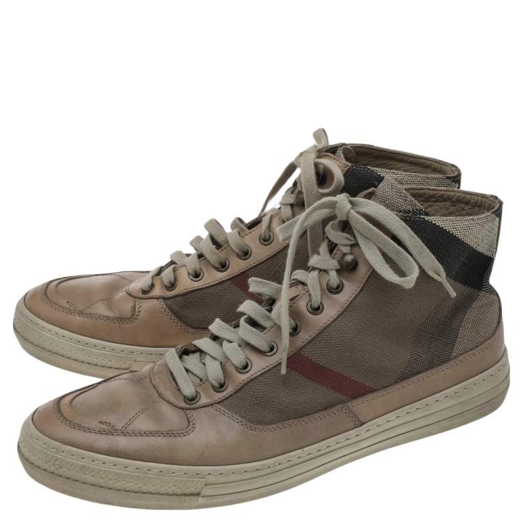 Pre Owned Burberry Beige Leather And Check Canvas High Top Sneakers Size 44