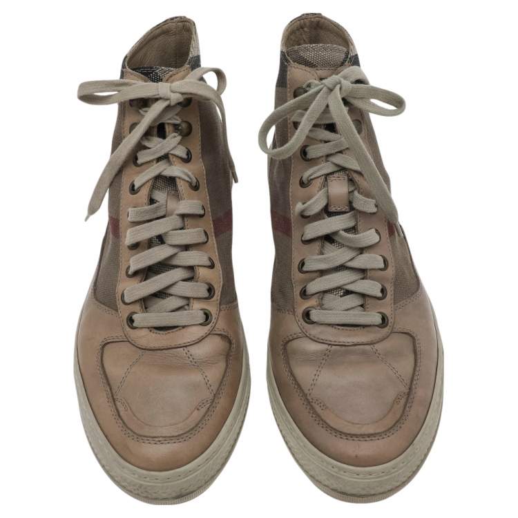 Pre Owned Burberry Beige Leather And Check Canvas High Top Sneakers Size 44