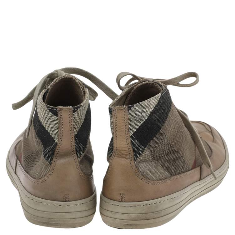Pre Owned Burberry Beige Leather And Check Canvas High Top Sneakers Size 44
