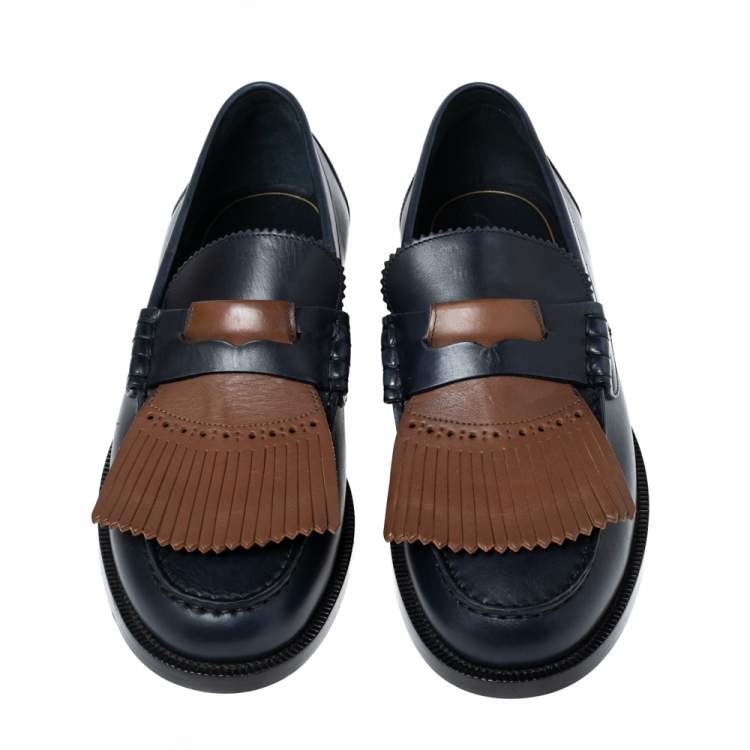 Pre Owned Burberry Dark Blue Leather Bedmoore Fringe Detail Penny Loafers Size 45