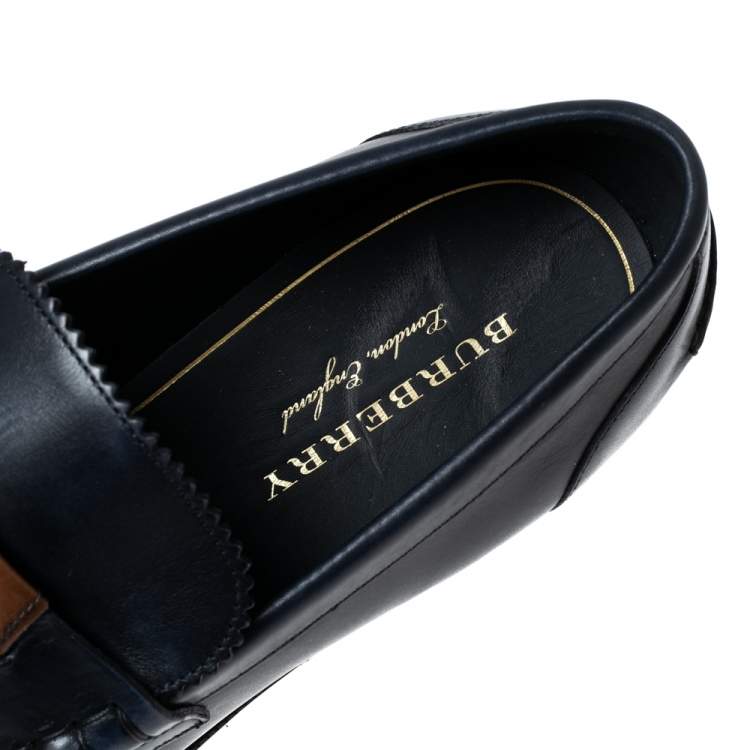 Pre Owned Burberry Dark Blue Leather Bedmoore Fringe Detail Penny Loafers Size 45