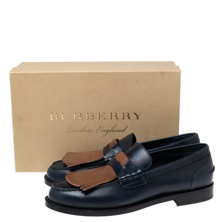 Pre Owned Burberry Dark Blue Leather Bedmoore Fringe Detail Penny Loafers Size 45