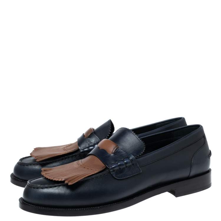 Pre Owned Burberry Dark Blue Leather Bedmoore Fringe Detail Penny Loafers Size 45