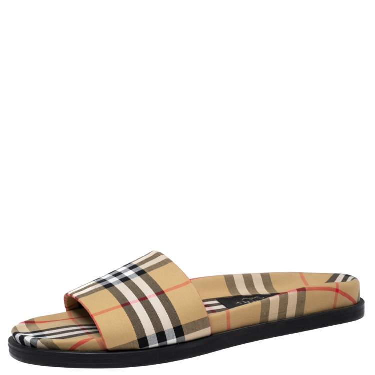 Burberry Beige Vintage Check Fabric Ashmore Flat Slides Size 43