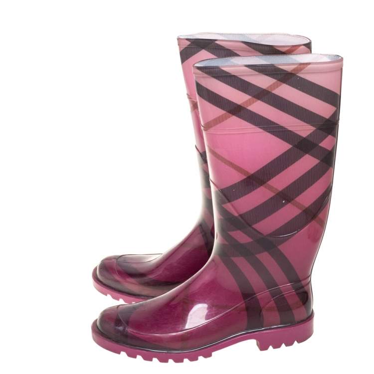 Pre Owned Burberry Purple Novacheck Rubber  Rain  Boots Size 40