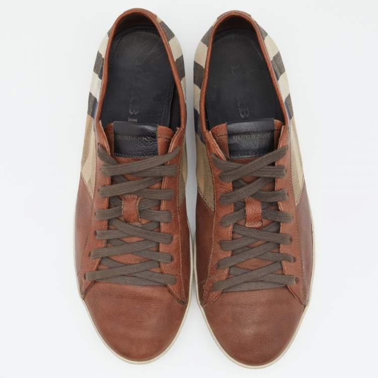 Pre Owned Burberry Brown/Beige Leather And Nova Check Canvas Low Top Sneakers Size 42