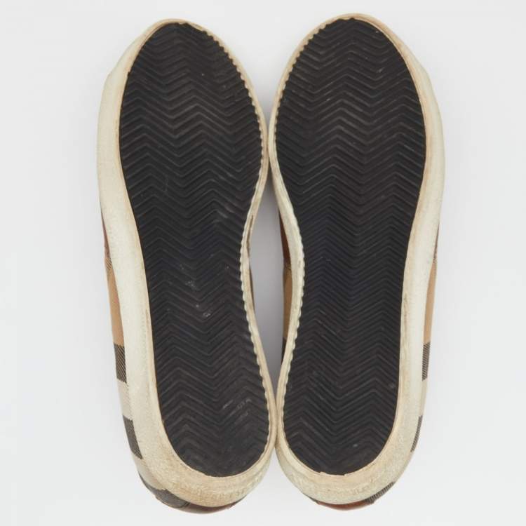 Pre Owned Burberry Brown/Beige Leather And Nova Check Canvas Low Top Sneakers Size 42