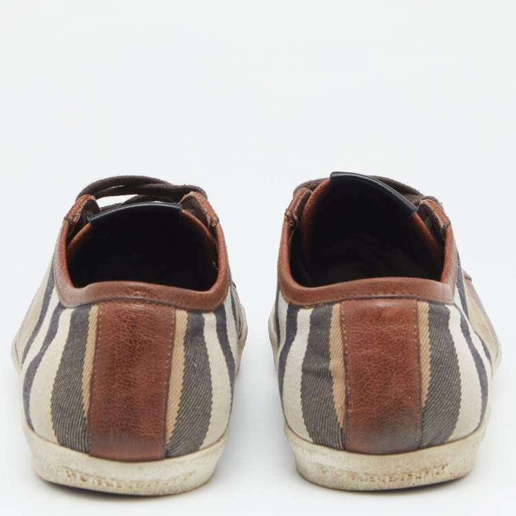 Pre Owned Burberry Brown/Beige Leather And Nova Check Canvas Low Top Sneakers Size 42