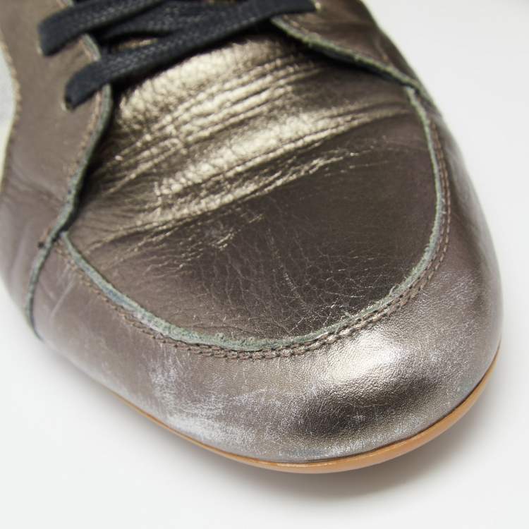 Pre Owned Burberry Metallic Bronze Canvas And  Leather Lace Up  Sneakers Size 41