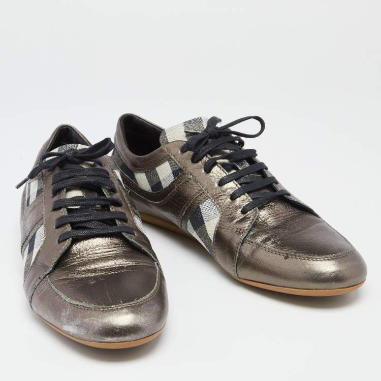 Pre Owned Burberry Metallic Bronze Canvas And  Leather Lace Up  Sneakers Size 41
