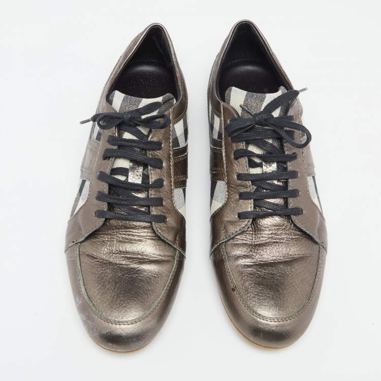 Pre Owned Burberry Metallic Bronze Canvas And  Leather Lace Up  Sneakers Size 41