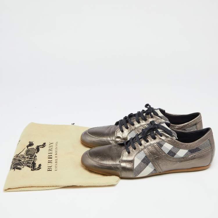 Pre Owned Burberry Metallic Bronze Canvas And  Leather Lace Up  Sneakers Size 41