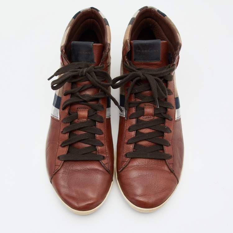 Pre Owned Burberry Brown/Beige House Check Canvas and Leather Sneakers Size 41