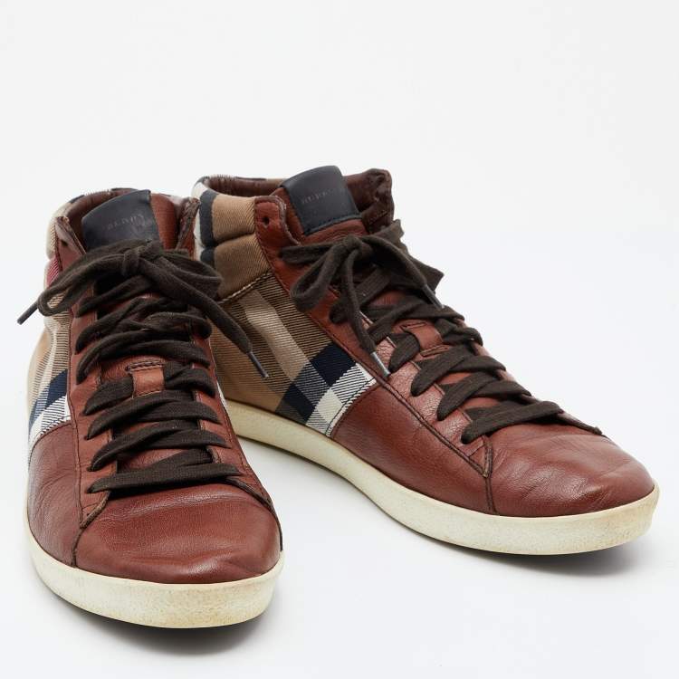 Pre Owned Burberry Brown/Beige House Check Canvas and Leather Sneakers Size 41