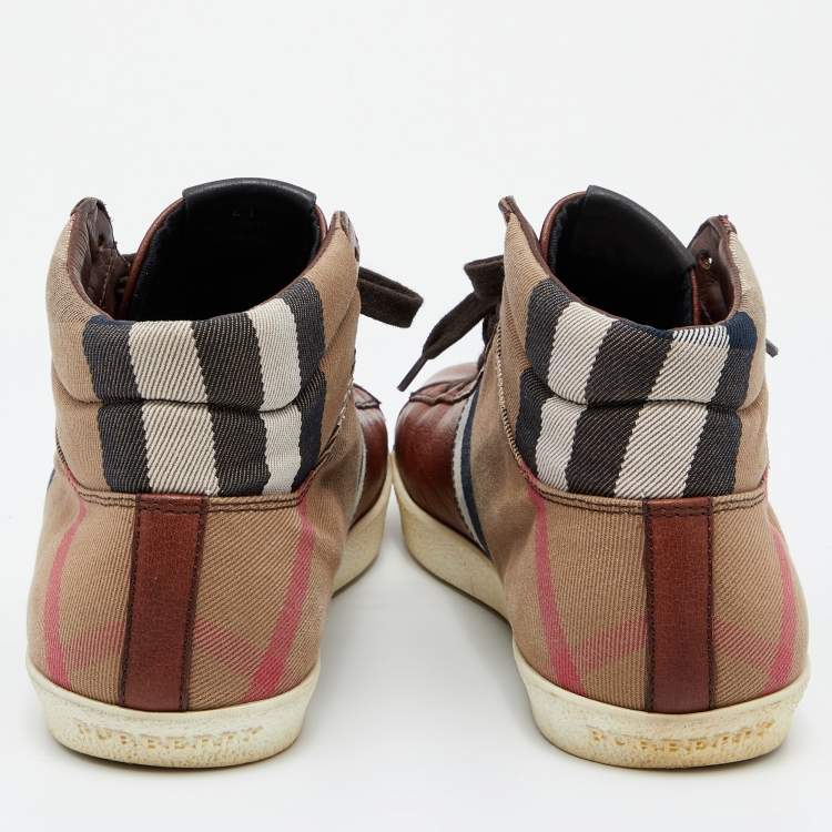 Pre Owned Burberry Brown/Beige House Check Canvas and Leather Sneakers Size 41