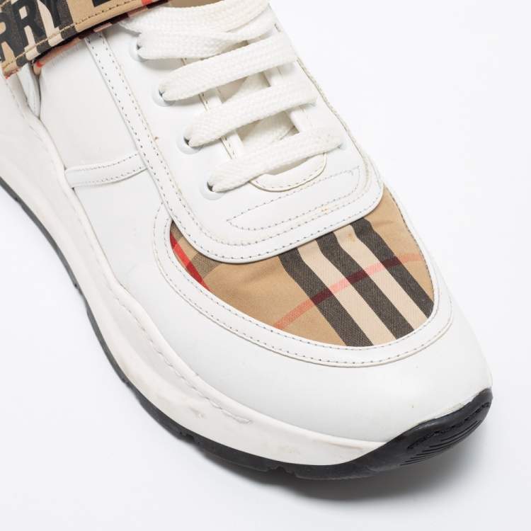 Pre Owned Burberry White/Beige Leather And House Check Canvas Ronnie Sneakers Size 40