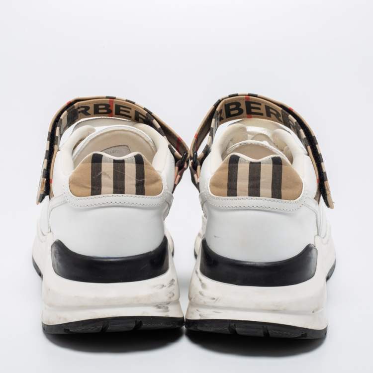Pre Owned Burberry White/Beige Leather And House Check Canvas Ronnie Sneakers Size 40
