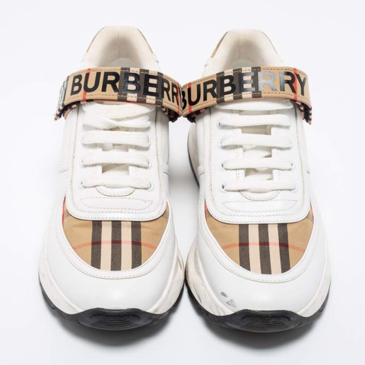 Pre Owned Burberry White/Beige Leather And House Check Canvas Ronnie Sneakers Size 40
