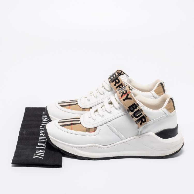Pre Owned Burberry White/Beige Leather And House Check Canvas Ronnie Sneakers Size 40