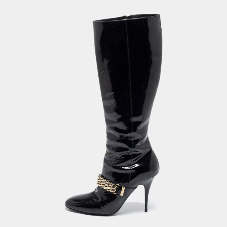 Burberry Black Patent Leather Chain Knee Length Boots Size 37 Burberry | TLC