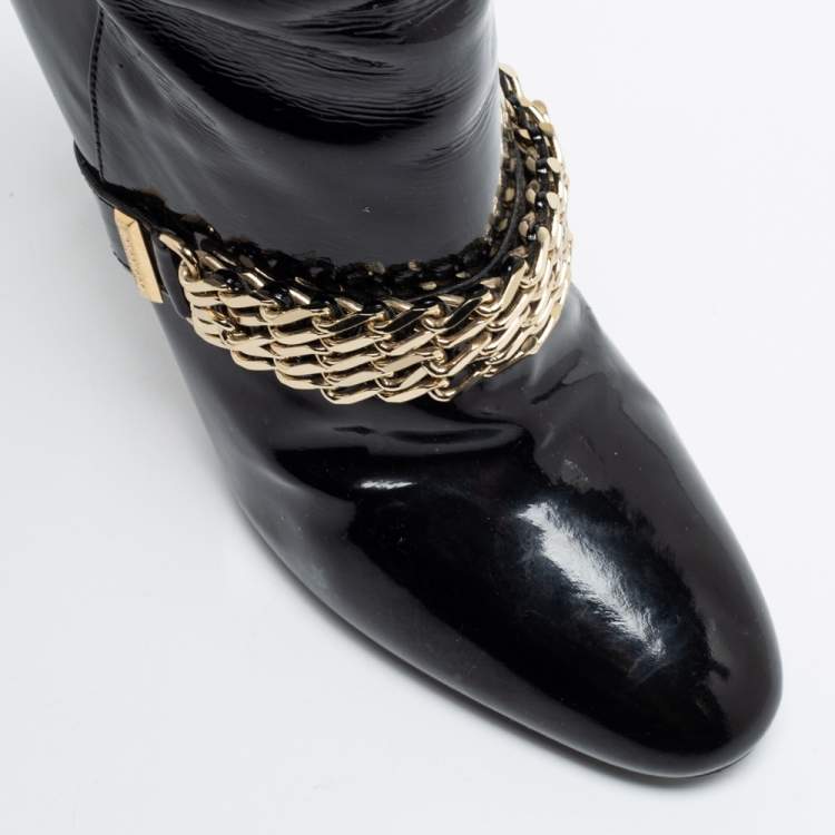 Pre Owned Burberry Black Patent Leather Chain Knee Length Boots Size 37