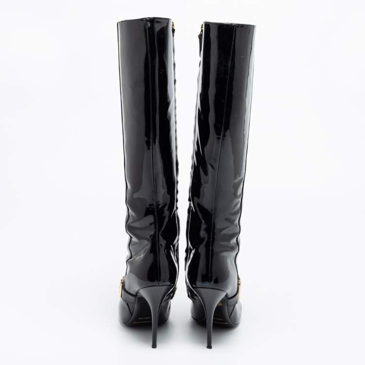 Pre Owned Burberry Black Patent Leather Chain Knee Length Boots Size 37