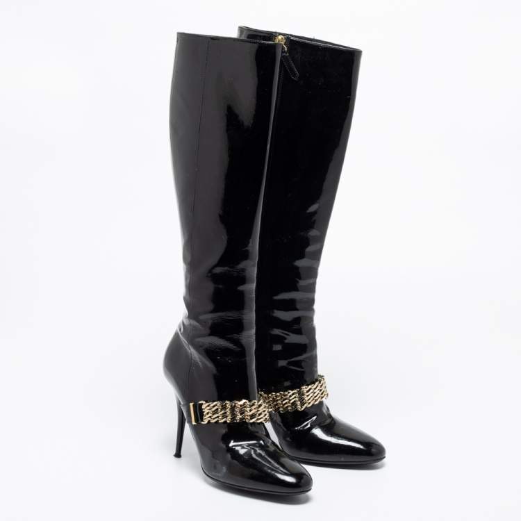 Pre Owned Burberry Black Patent Leather Chain Knee Length Boots Size 37