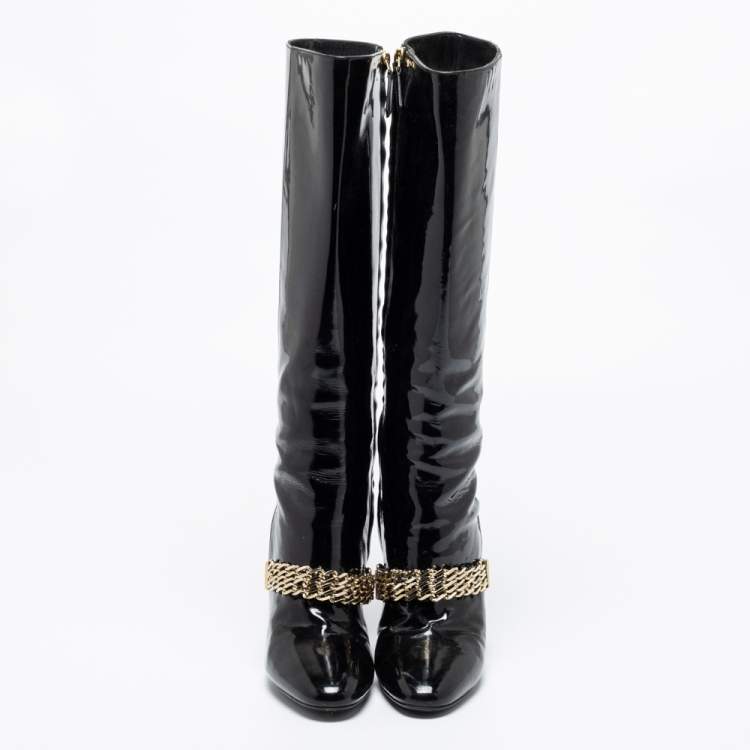 Pre Owned Burberry Black Patent Leather Chain Knee Length Boots Size 37