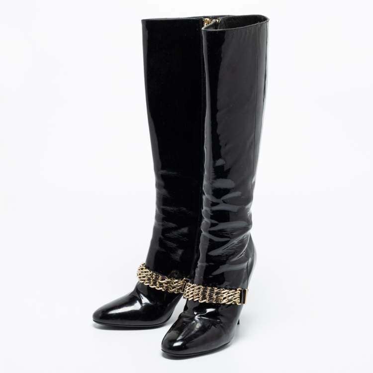 Pre Owned Burberry Black Patent Leather Chain Knee Length Boots Size 37